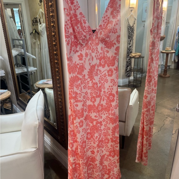 MINKPINK Pink and White Sheath Midi Dress V-Neck Sleeveless - Picture 4 of 5